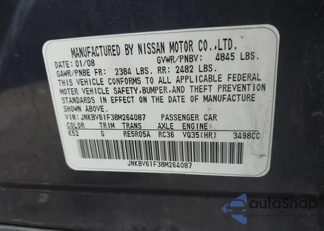 2008 Infiniti G35X z USA, uszkodzony, nr VIN JNKBV61F38M264087